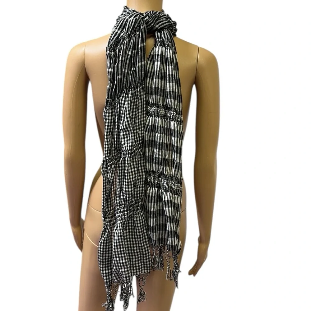 Smocked Black and White Plaid Striped Fashion Scarf with Fringe 70 x 25 inches